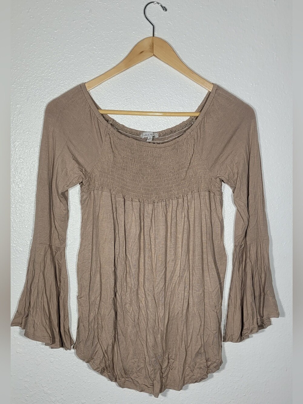 White Birch Tunic Smocked Peasant Cottage Boho Top Medium Bell Sleeves Brown